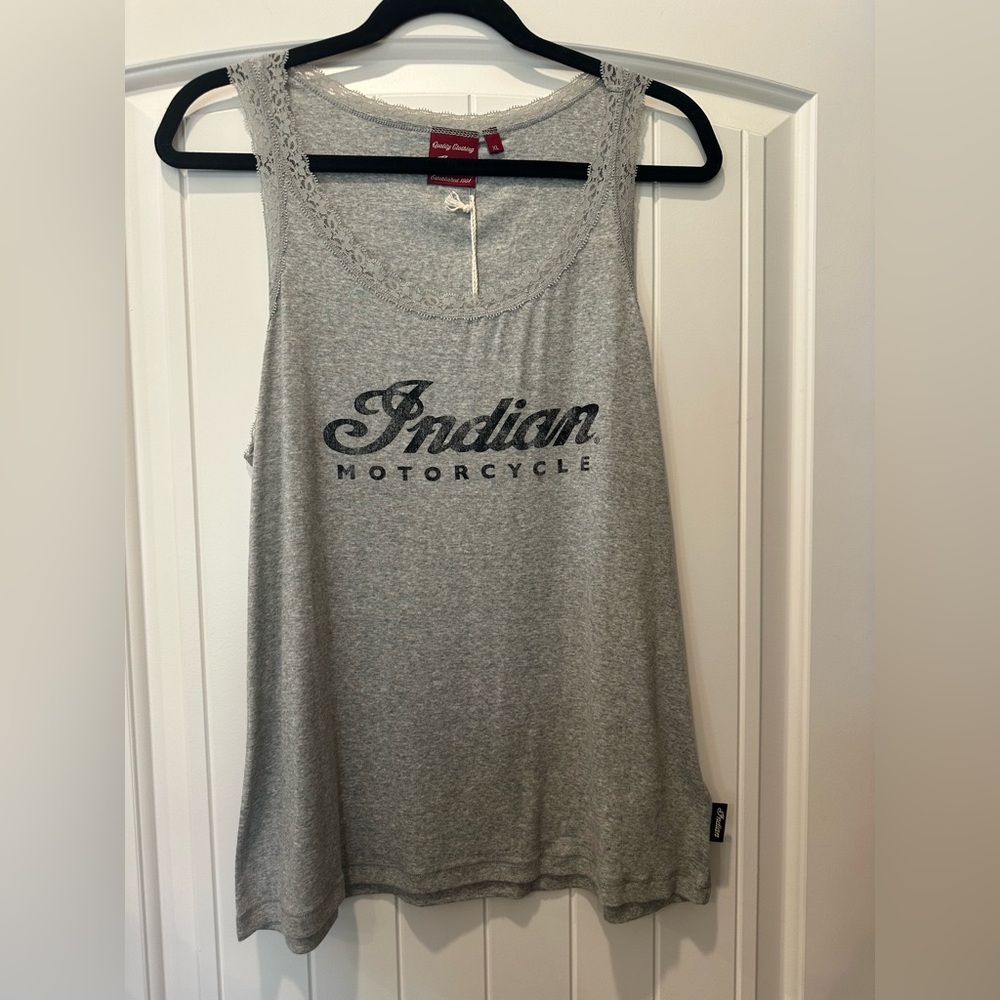 Indian Motorcycle Women’s Lace Trimmed Gray embossed tank.  NWT’s.  Size XL.